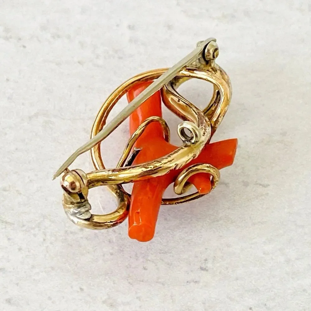 Antique Victorian Coral Branch Brooch In Gold Filled Snake Form Nice 1.5